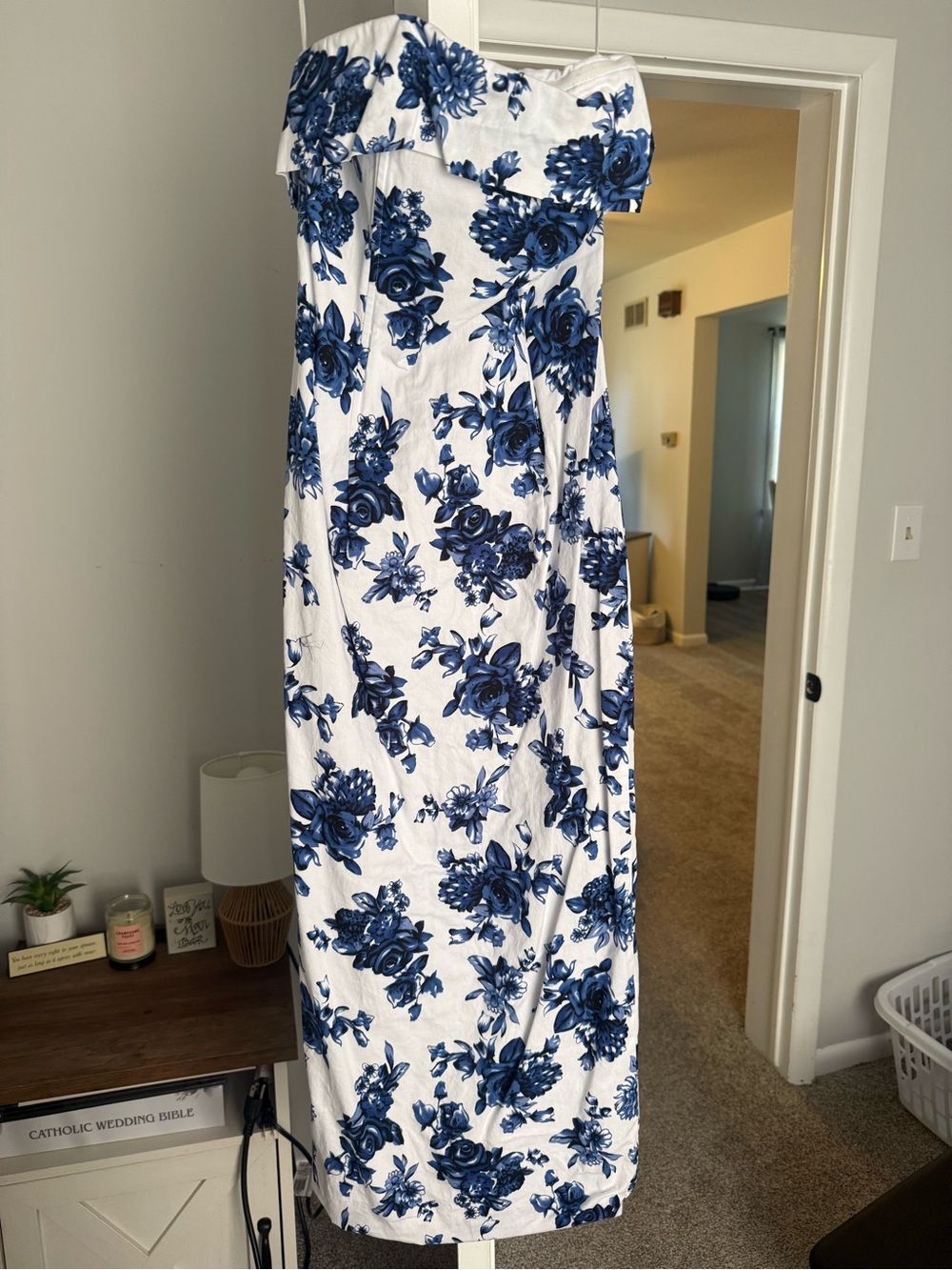 Off-Shoulder White Dress with Blue Floral Print